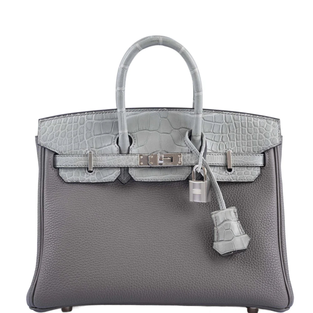 HERMÈS TOUCH BIRKIN 25 GRIS MEYER TOGO AND GRIS CEMENT MATTE ALLIGATOR PALLADIUM HARDWARE