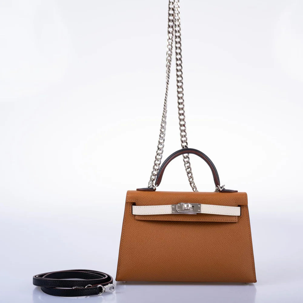 HERMÈS TRICOLOR MINI KELLY 20 GOLD, NATA, AND BLACK EPSOM PALLADIUM HARDWARE