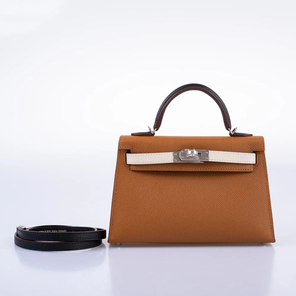 HERMÈS TRICOLOR MINI KELLY 20 GOLD, NATA, AND BLACK EPSOM PALLADIUM HARDWARE