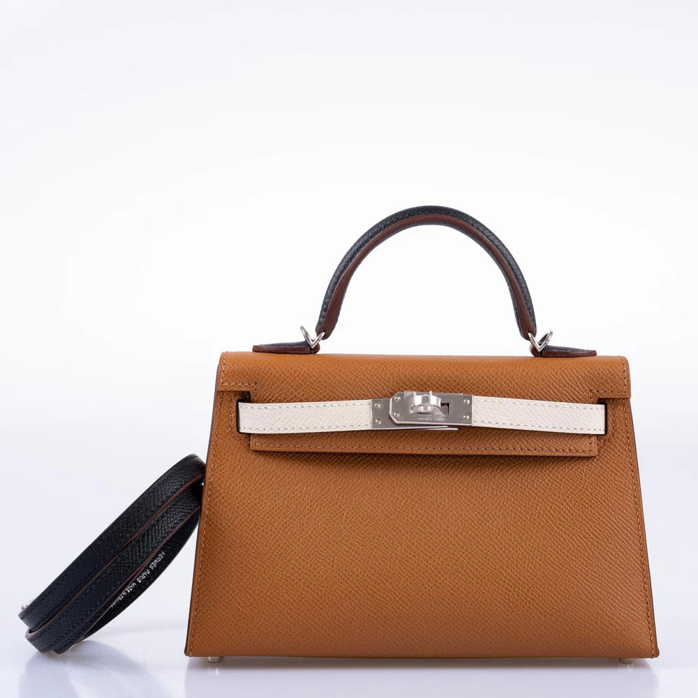 HERMÈS TRICOLOR MINI KELLY 20 GOLD, NATA, AND BLACK EPSOM PALLADIUM HARDWARE