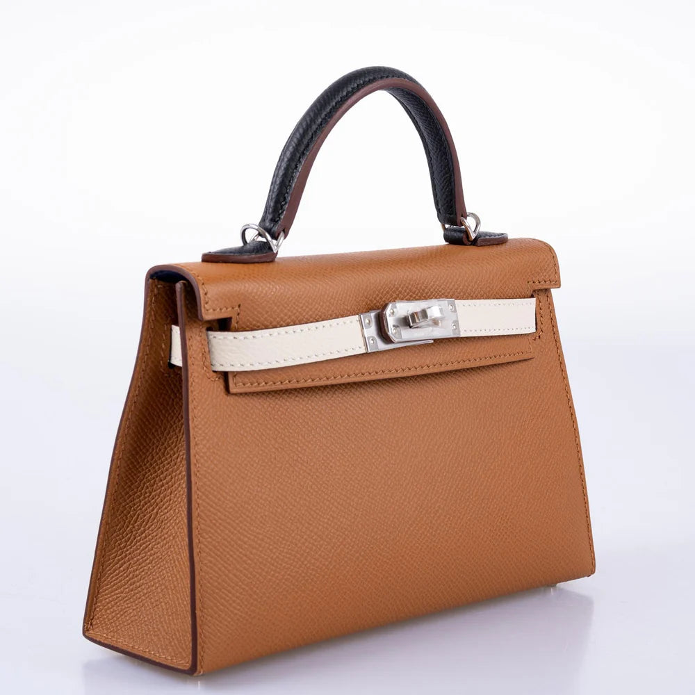 HERMÈS TRICOLOR MINI KELLY 20 GOLD, NATA, AND BLACK EPSOM PALLADIUM HARDWARE