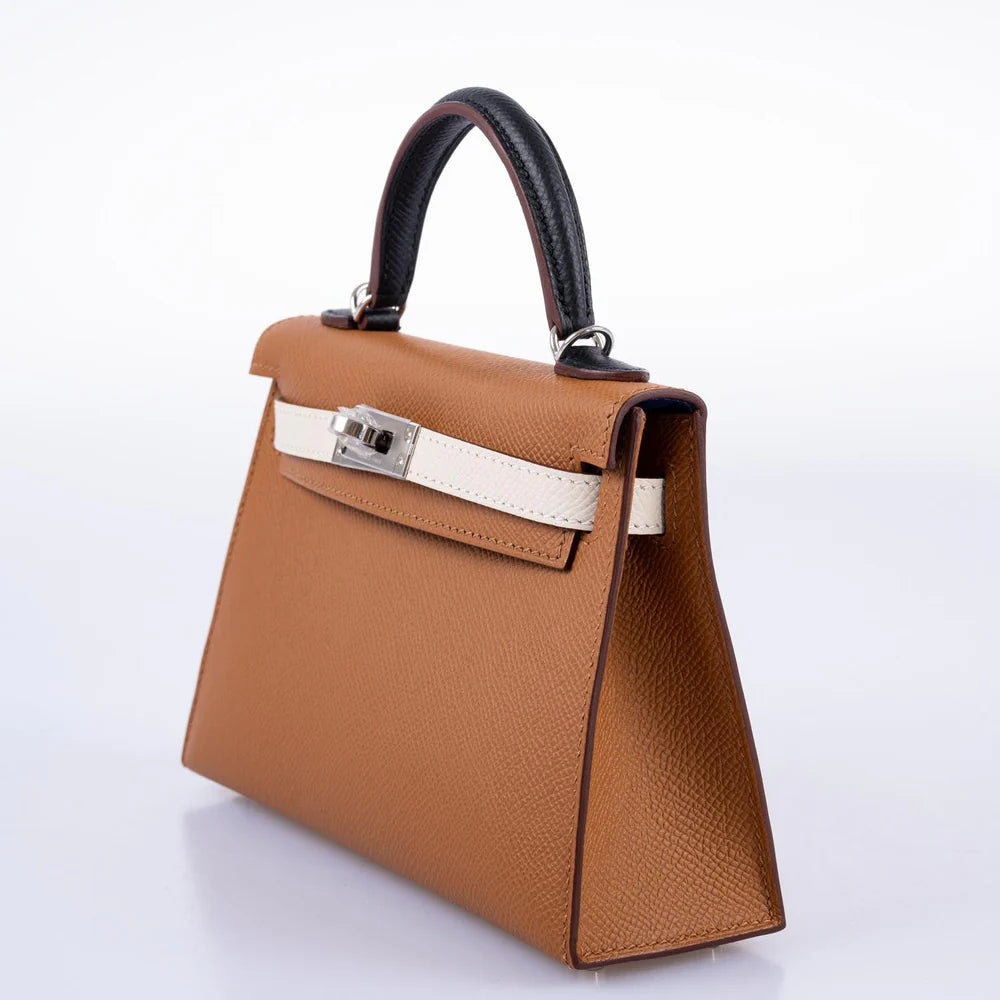 HERMÈS TRICOLOR MINI KELLY 20 GOLD, NATA, AND BLACK EPSOM PALLADIUM HARDWARE