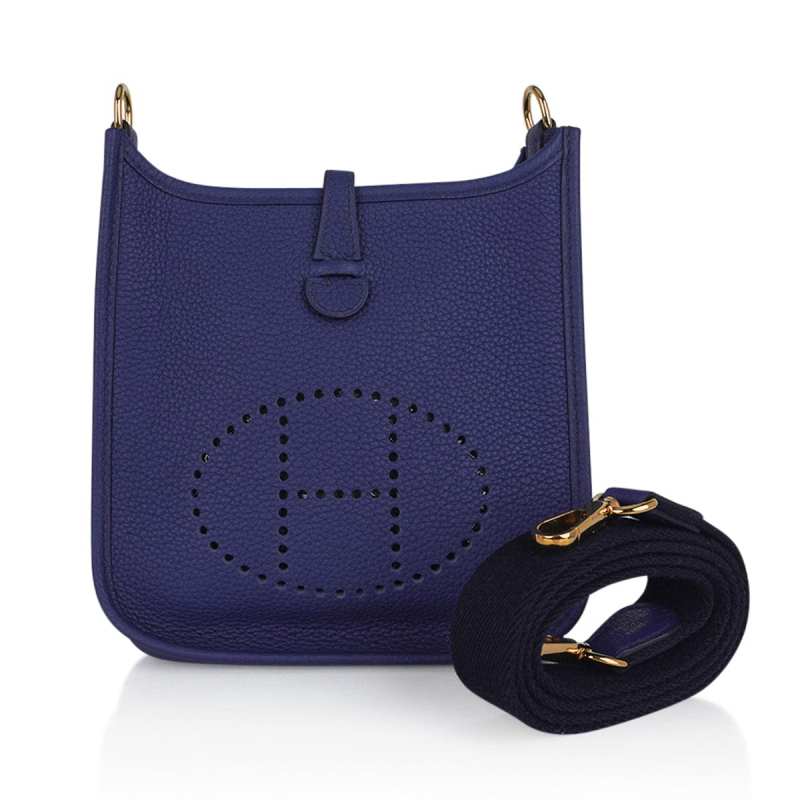 Hermes Mini Evelyne III TPM Bag Blue Sapphire &amp; Blue Indigo with Clemence Leather with Gold Hardware
