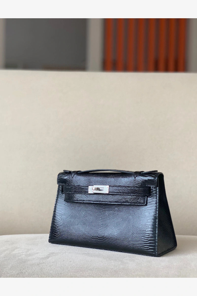 Hermes Mini Kelly Pochette Clutch Bag in Lizard Leather Black
